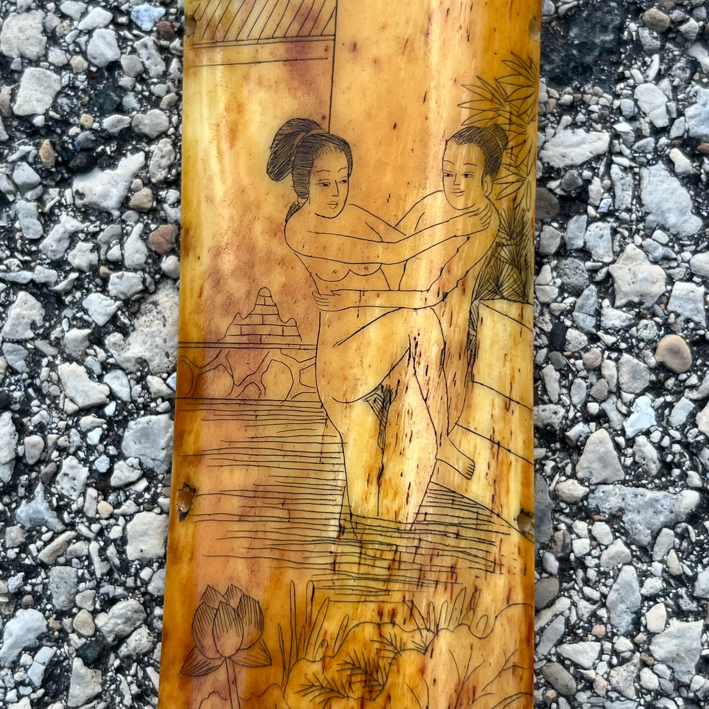 Vintage Chinese erotic scrimshaw on real ox bone.