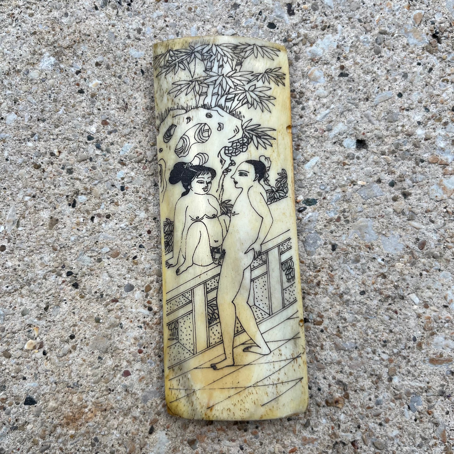 Vintage Chinese erotic scrimshaw on real ox bone.