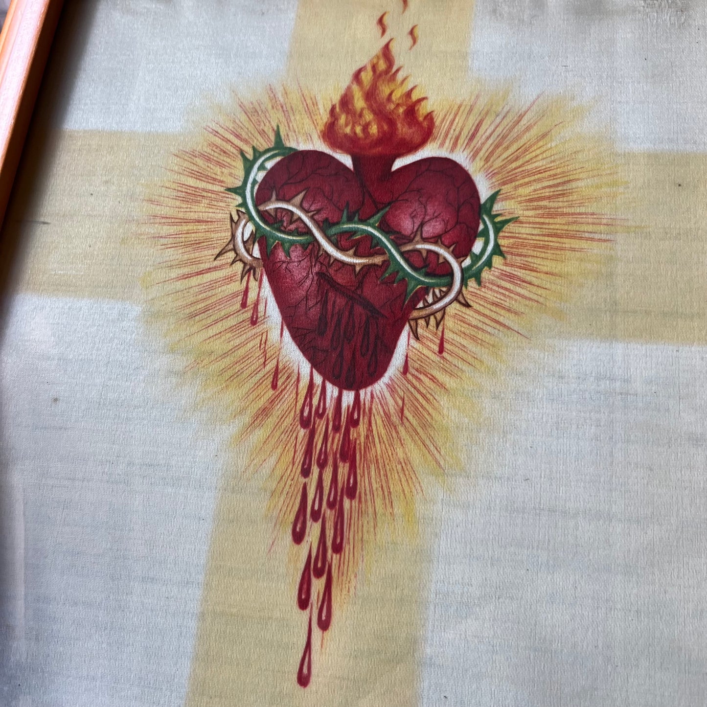 1950s Sacred heart of Christ painted on silk.