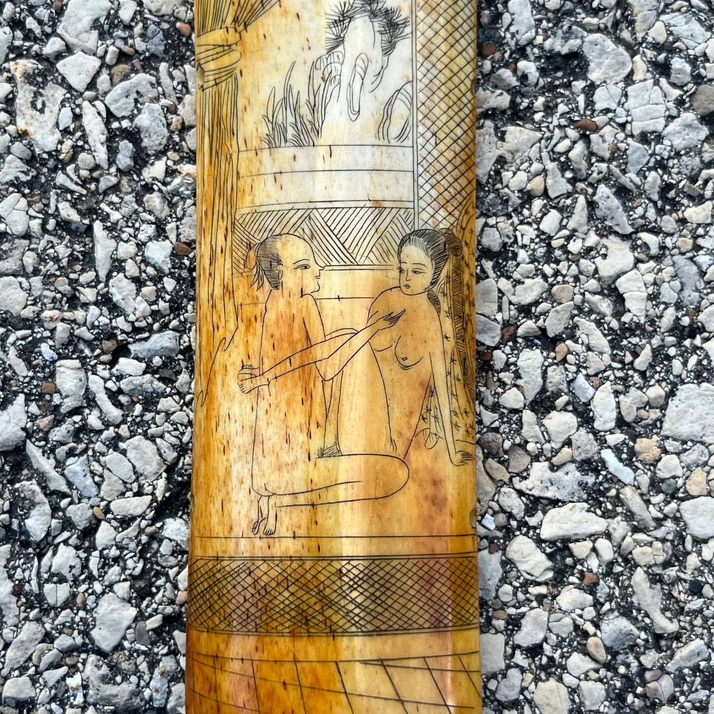 Vintage Chinese erotic scrimshaw on real ox bone.