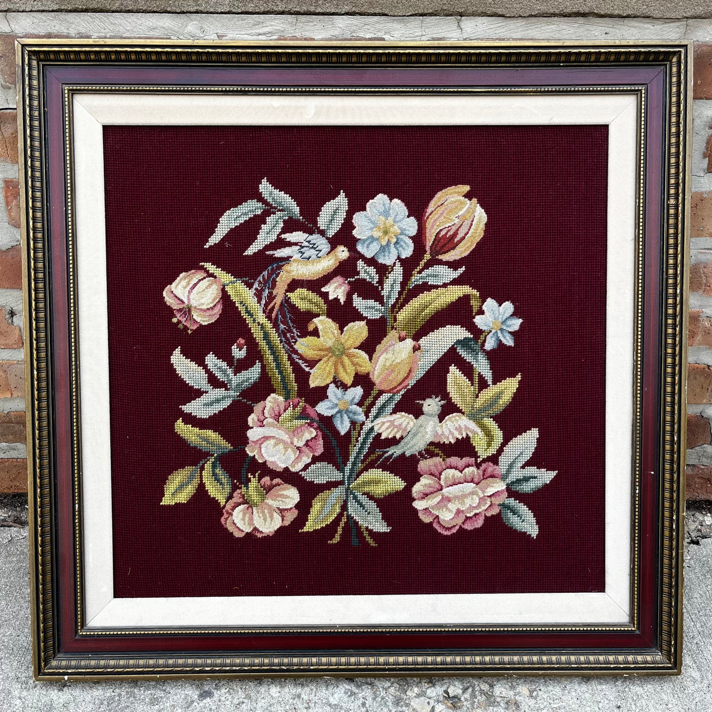Framed 1970s Birds and flowers needlepoint.