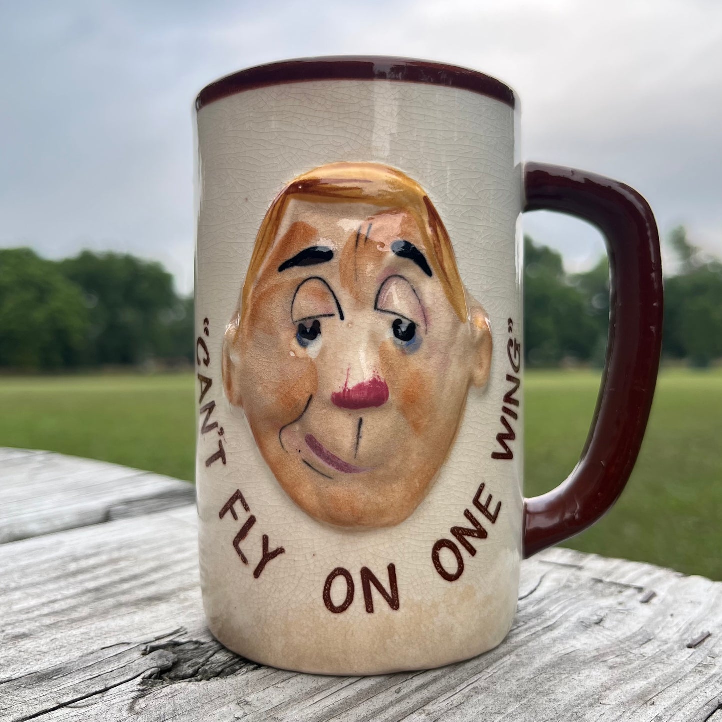 1950s “Cant fly on one wing” mug.
