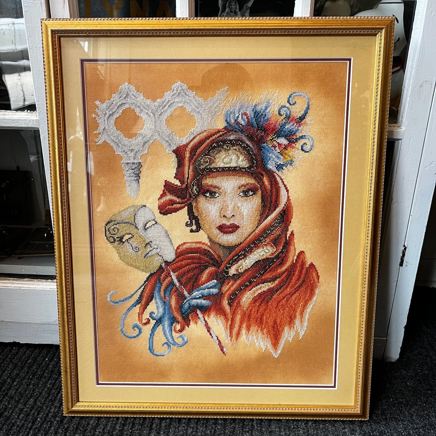 1970s Masquerade ball needlepoint.