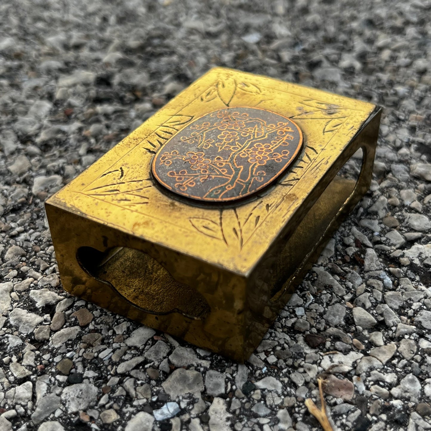 Vintage engraved brass matchbook safe.