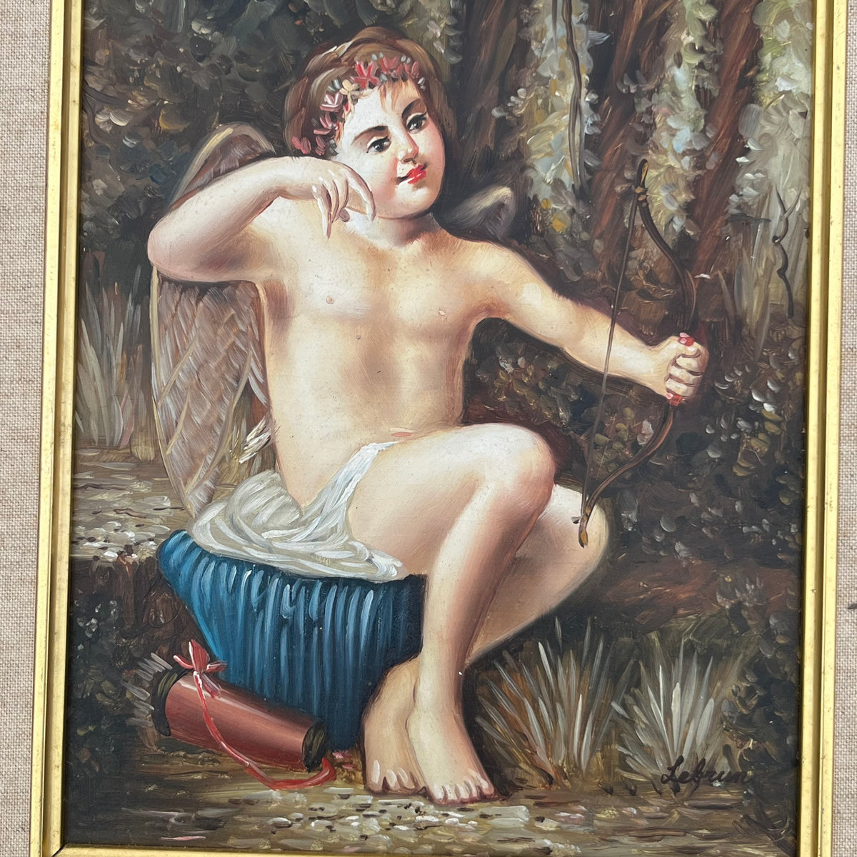 Vintage original Cupid/Cherub oil painting in ornate frame.
