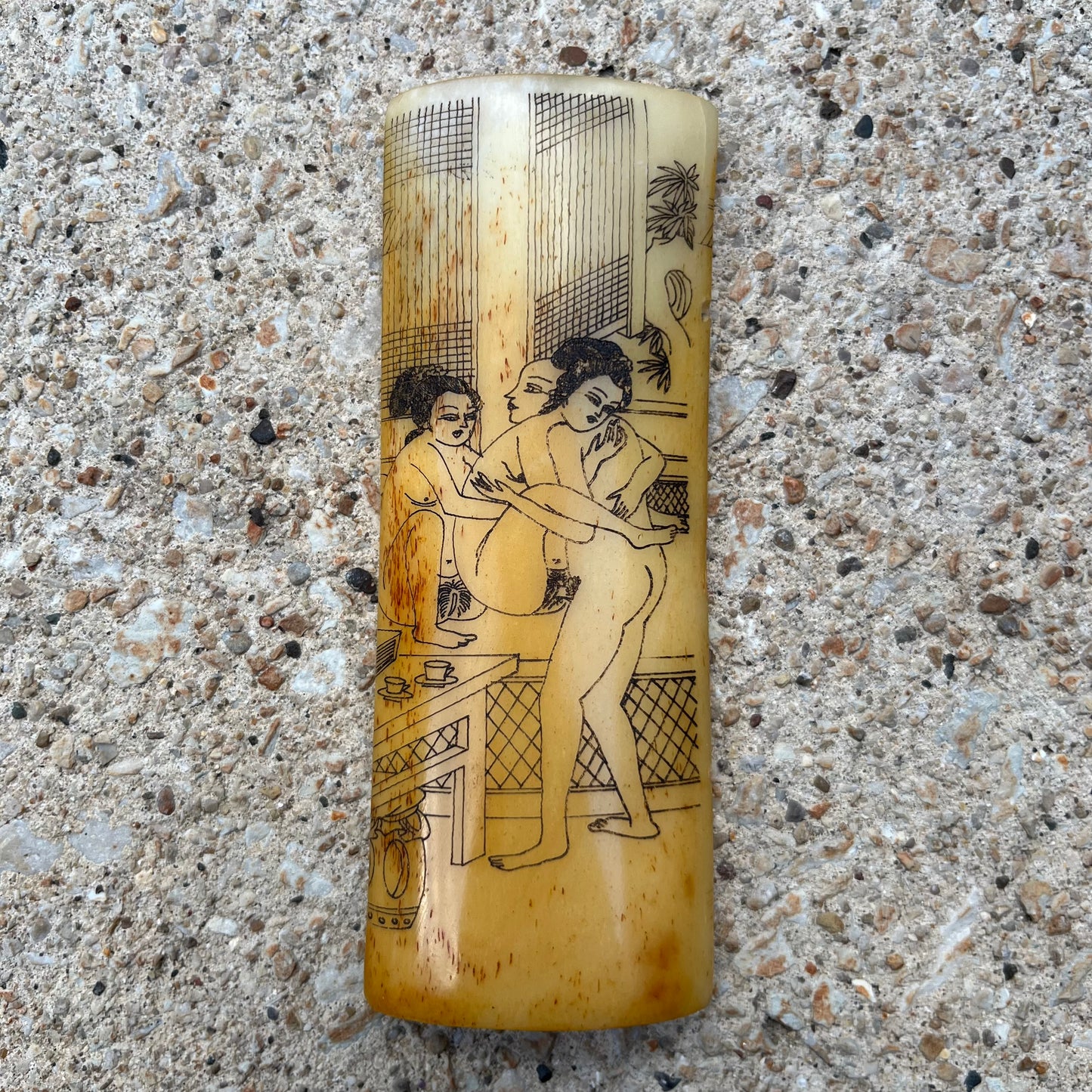Vintage Chinese erotic scrimshaw on real ox bone.
