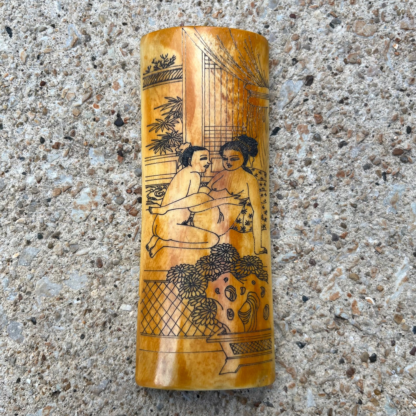 Vintage Chinese erotic scrimshaw on real ox bone.
