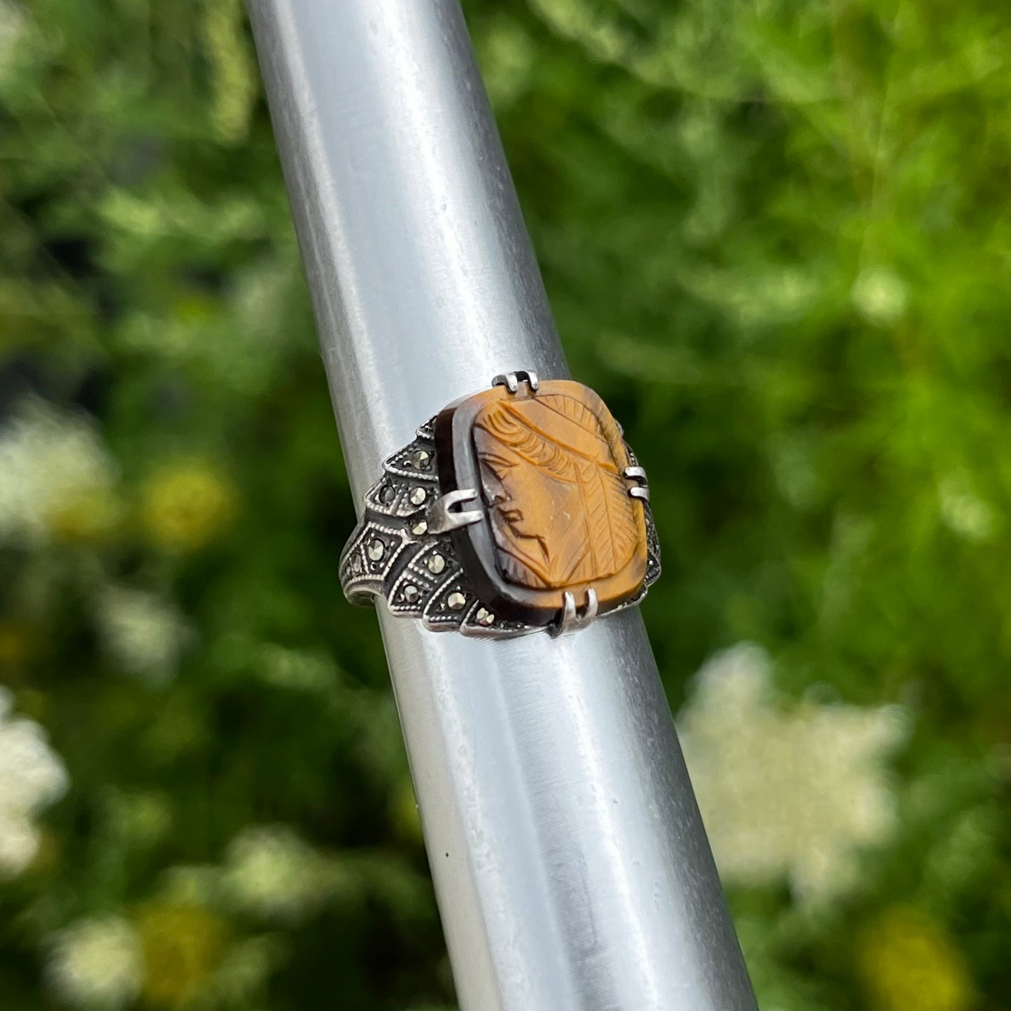 Vintage Sterling silver carved tigers eye ring. Size 6.75.
