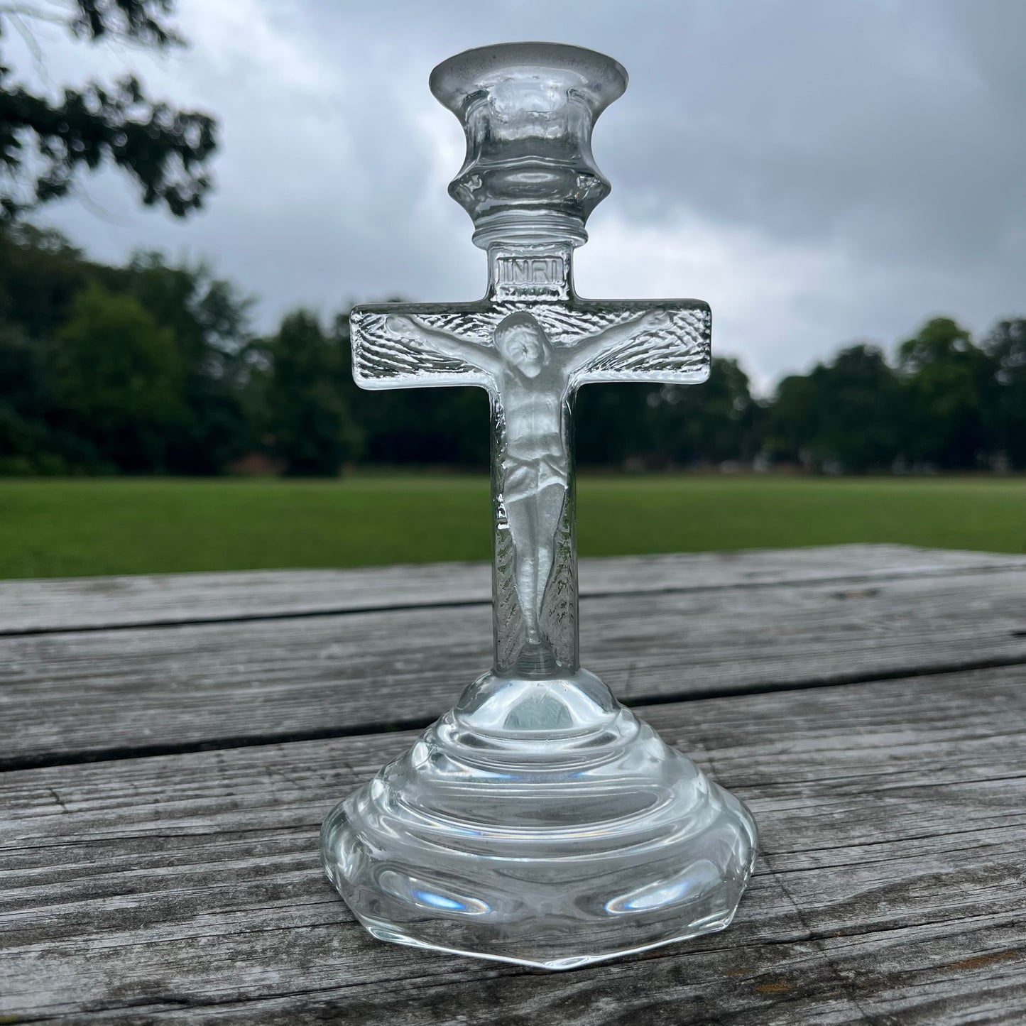 Vintage glass crucifix candle holder.