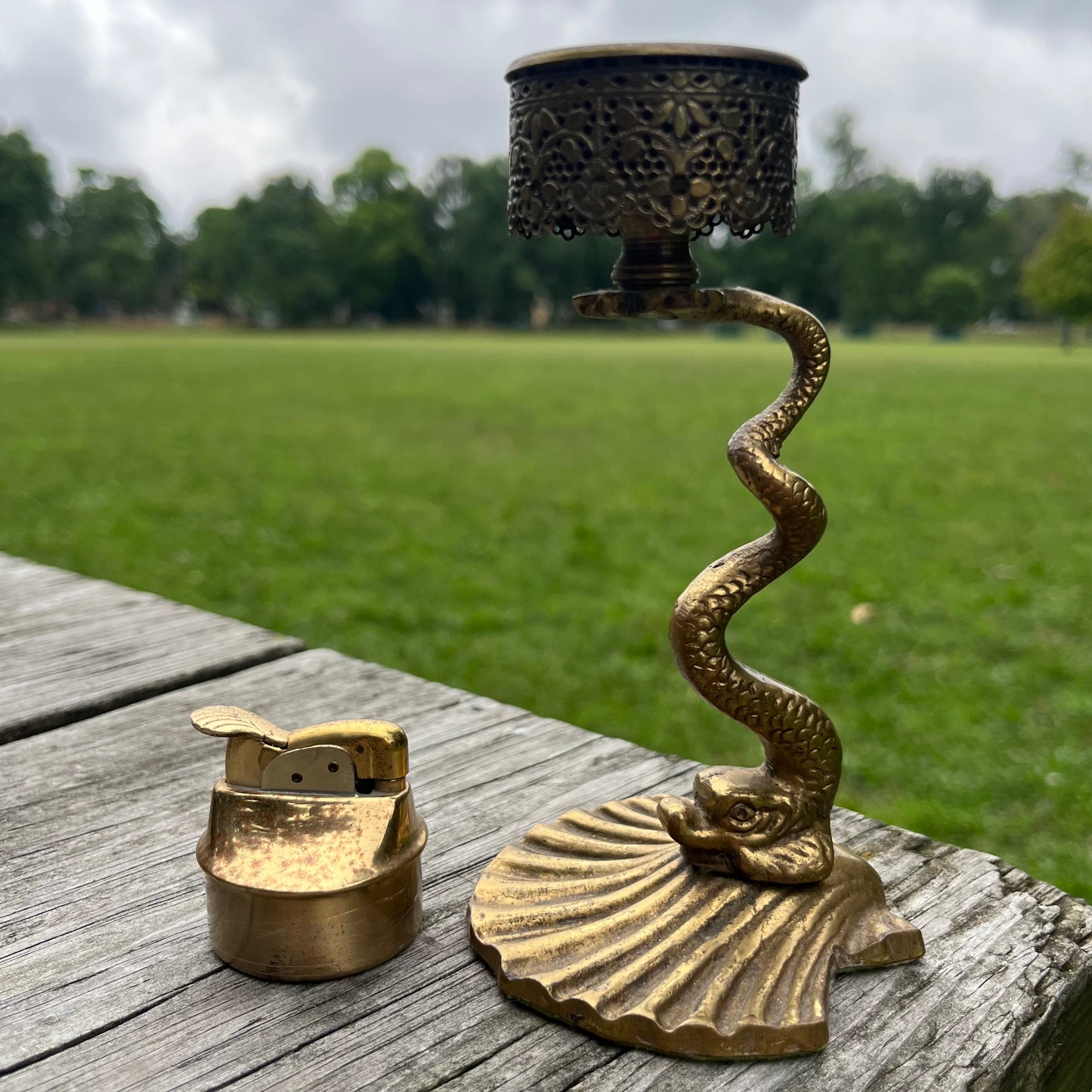 Rare 1950s brass serpent tabletop lighter.