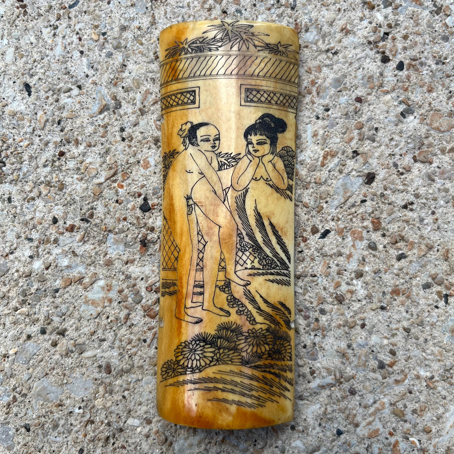 Vintage Chinese erotic scrimshaw on real ox bone.