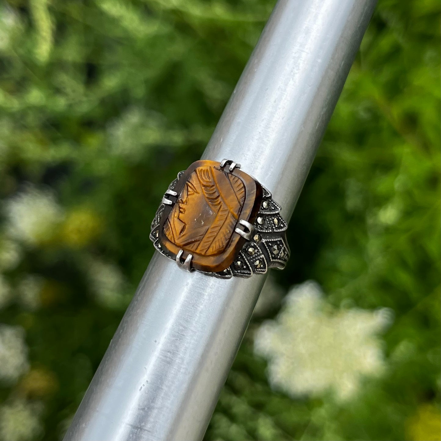 Vintage Sterling silver carved tigers eye ring. Size 6.75.