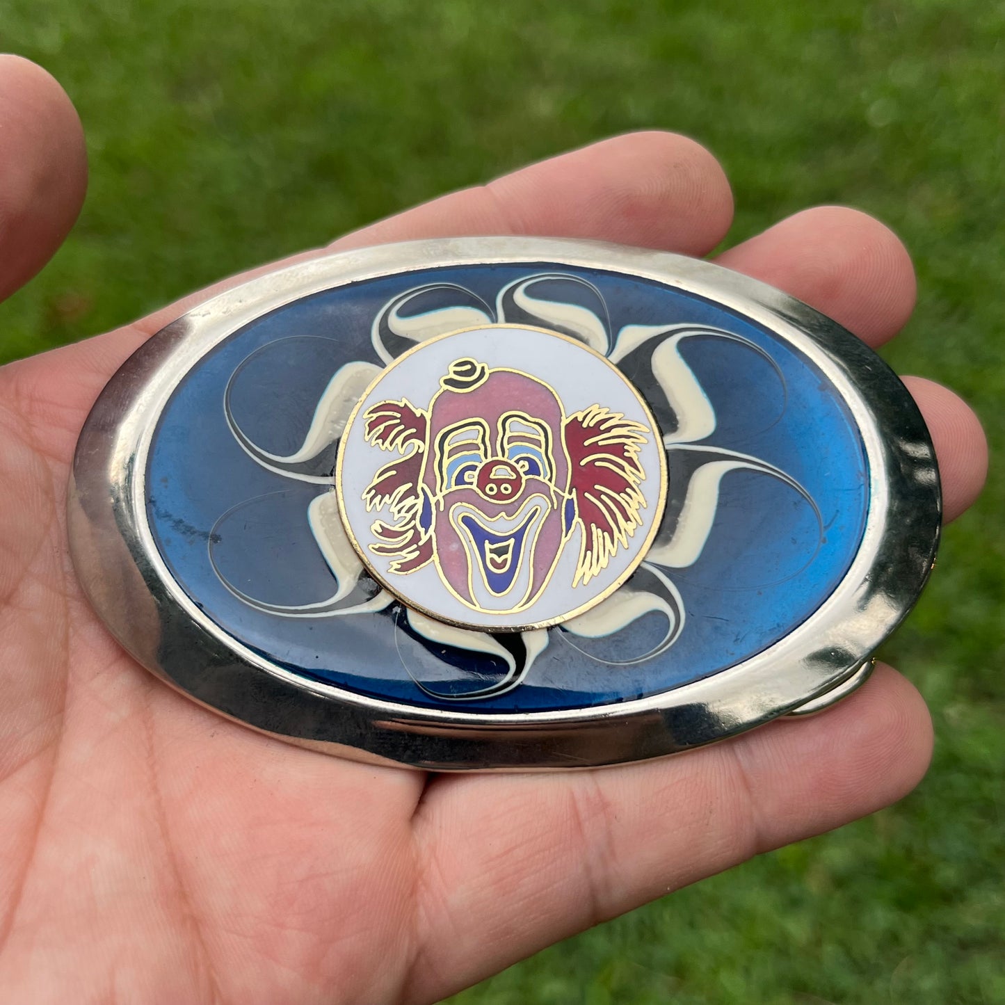 Y2K Circus clown belt buckle.