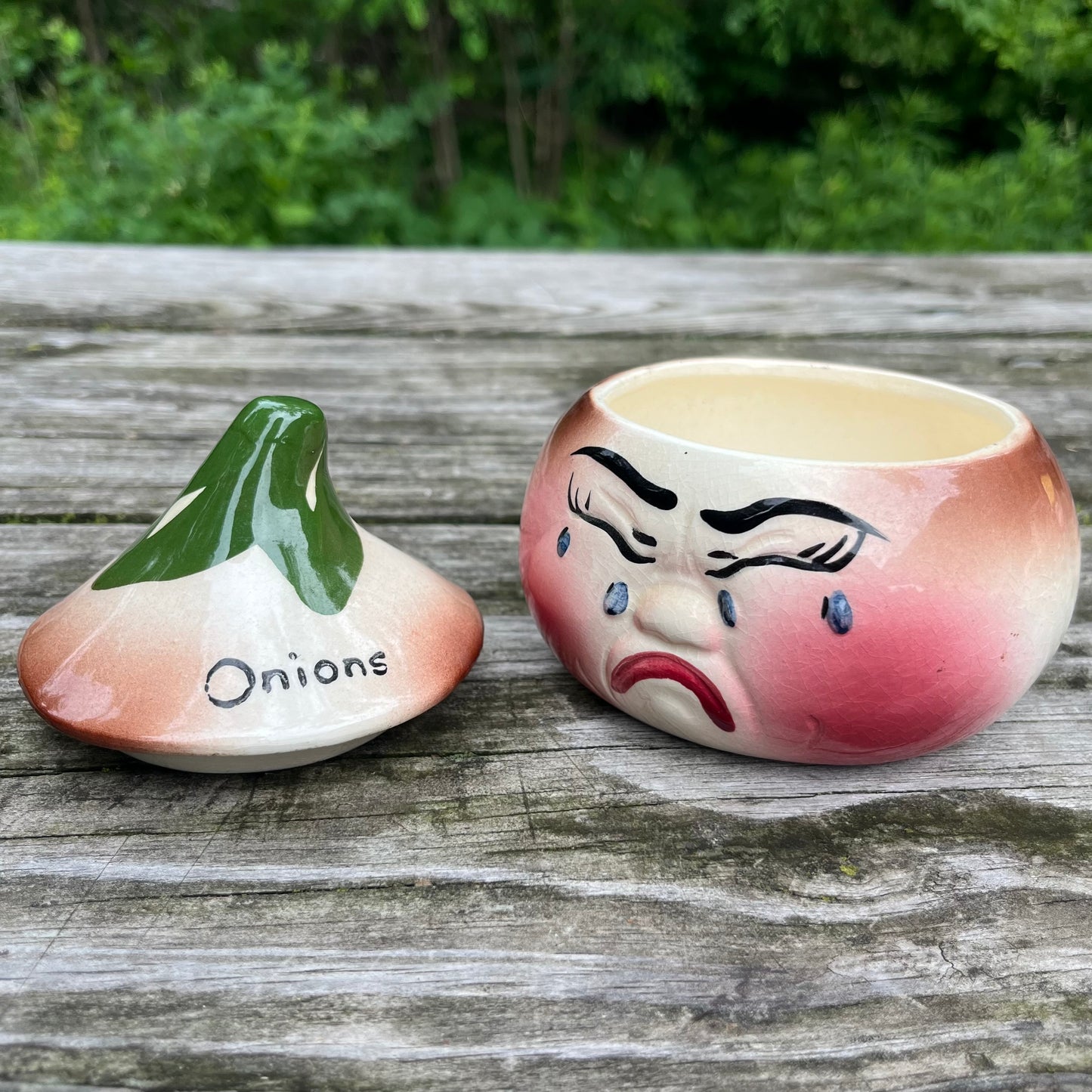 1950s Ceramic crying onion condiment jar.
