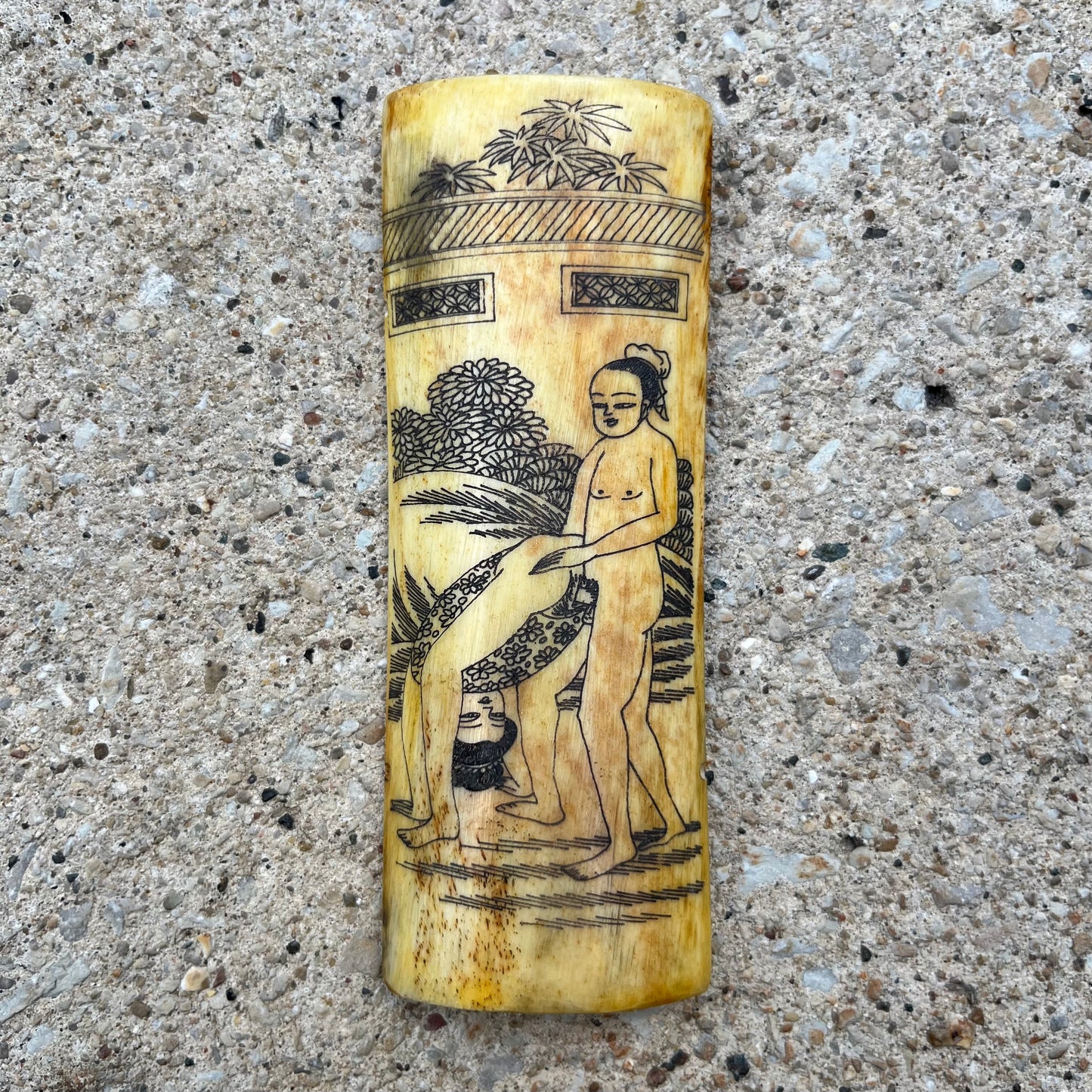 Vintage Chinese erotic scrimshaw on real ox bone.
