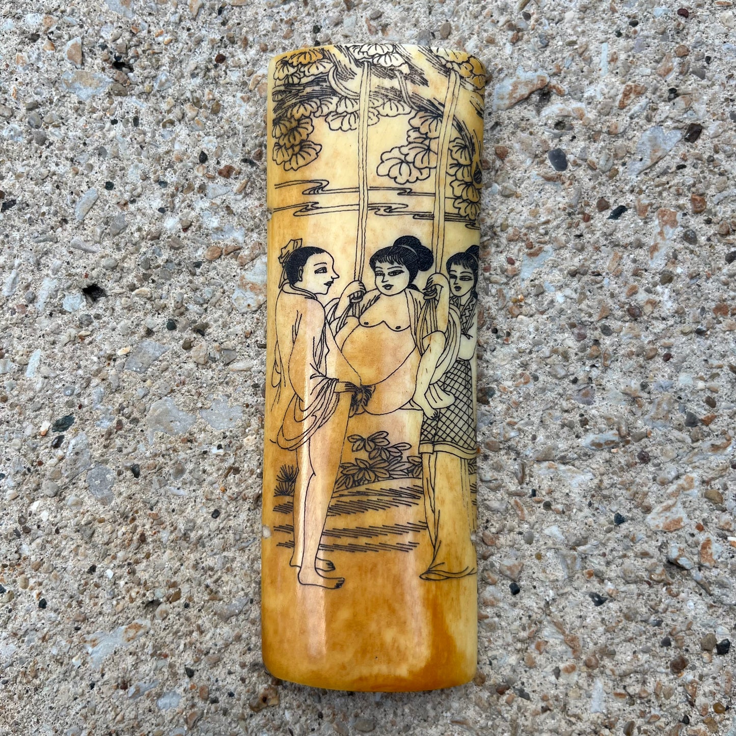 Vintage Chinese erotic scrimshaw on real ox bone.