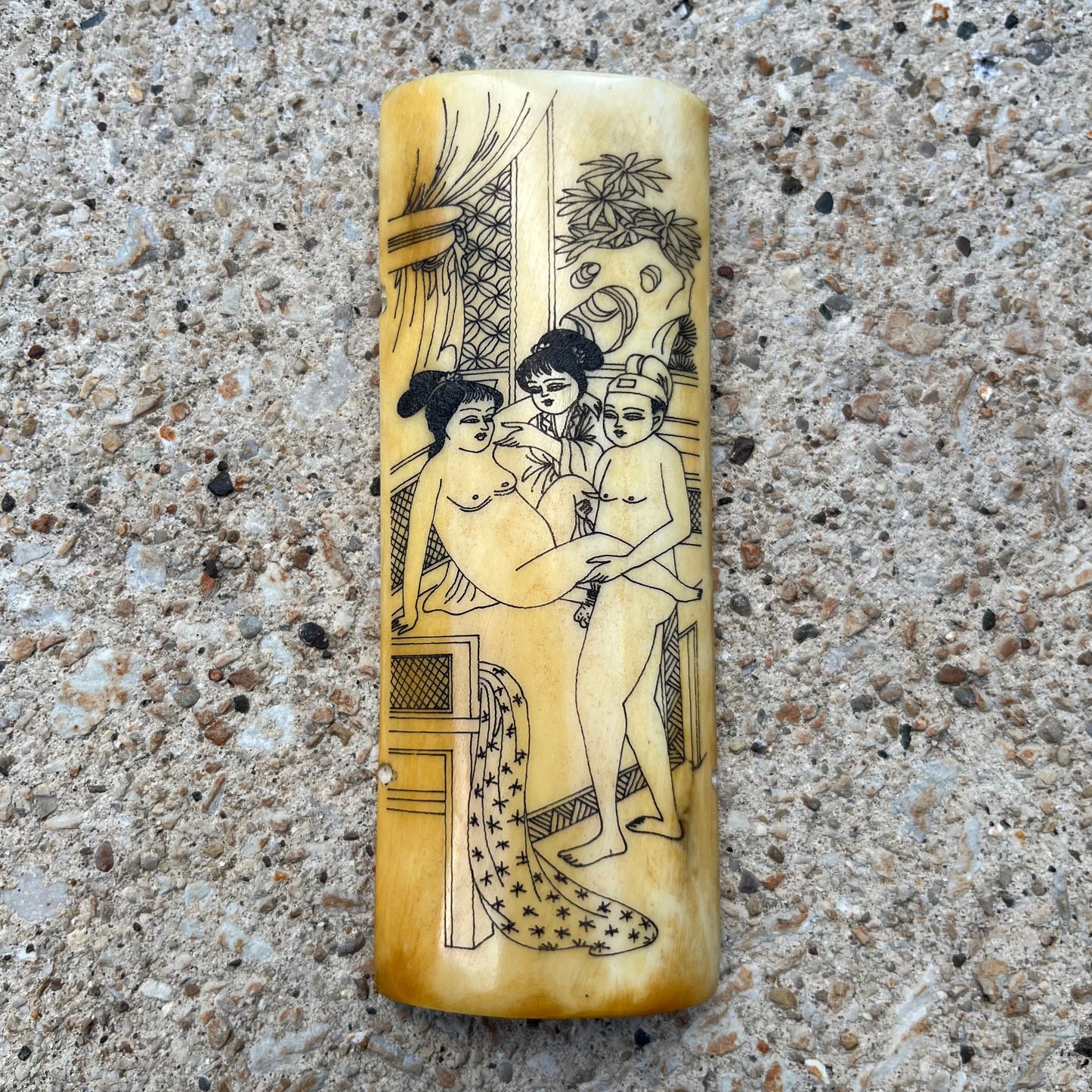 Vintage Chinese erotic scrimshaw on real ox bone.