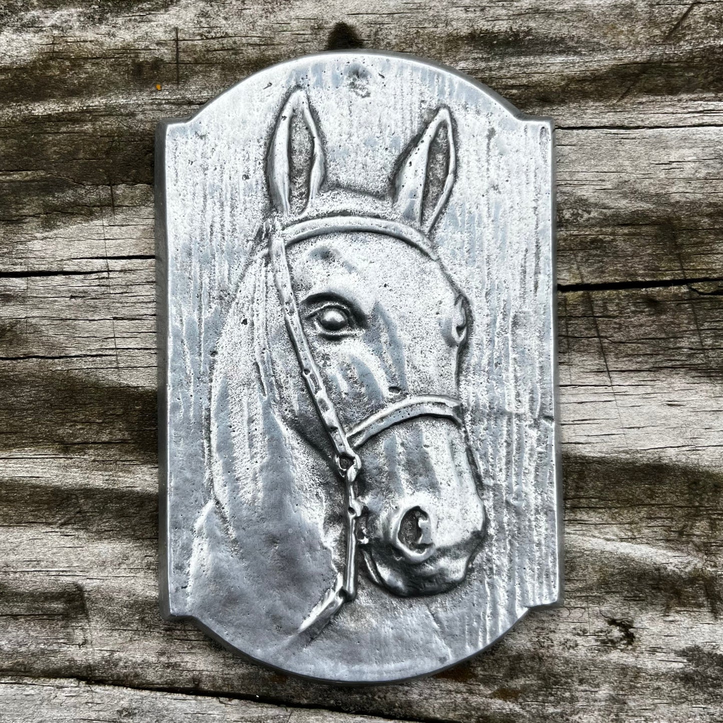 Vintage Pewter horse head tile.