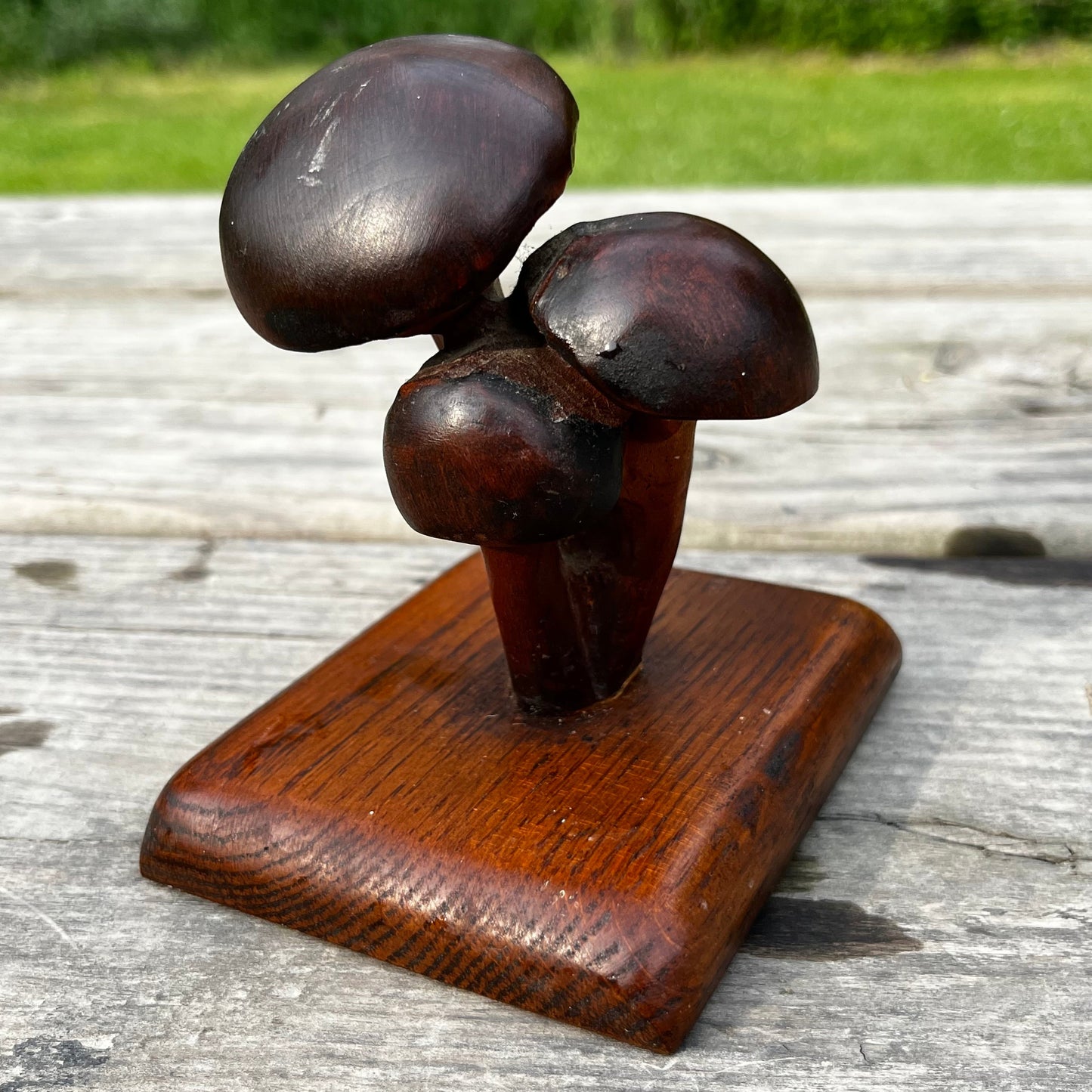 Vintage hand carved wooden mushrooms.