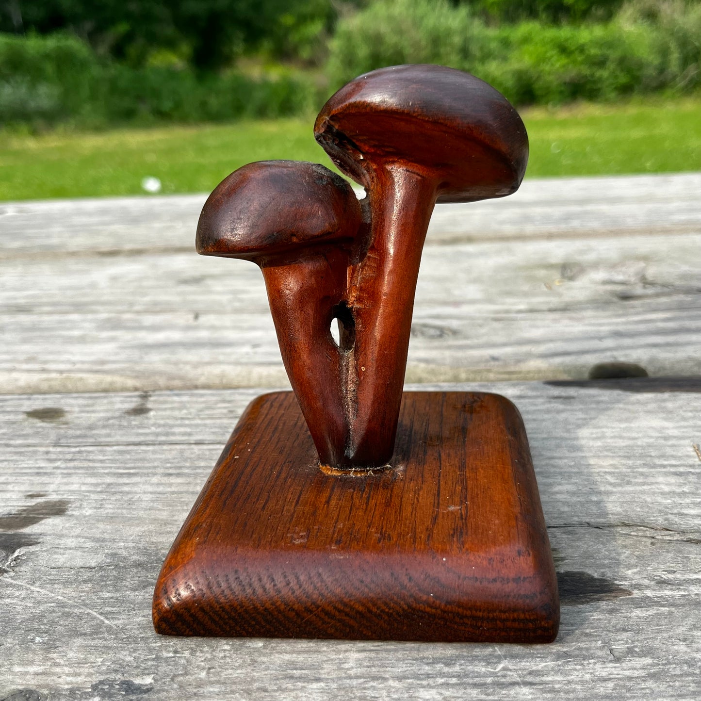 Vintage hand carved wooden mushrooms.
