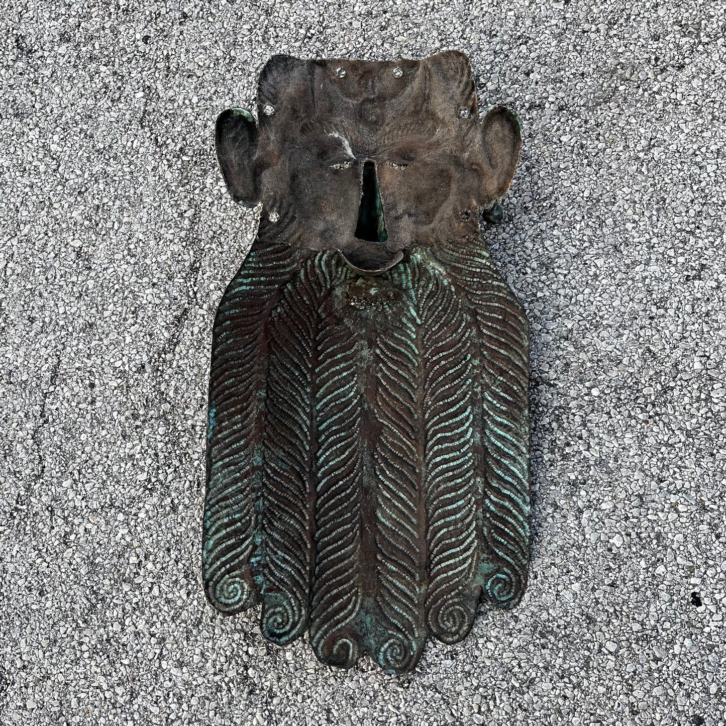 Early 1950s metal ceremonial Bat Barbones (bearded old man) mask.