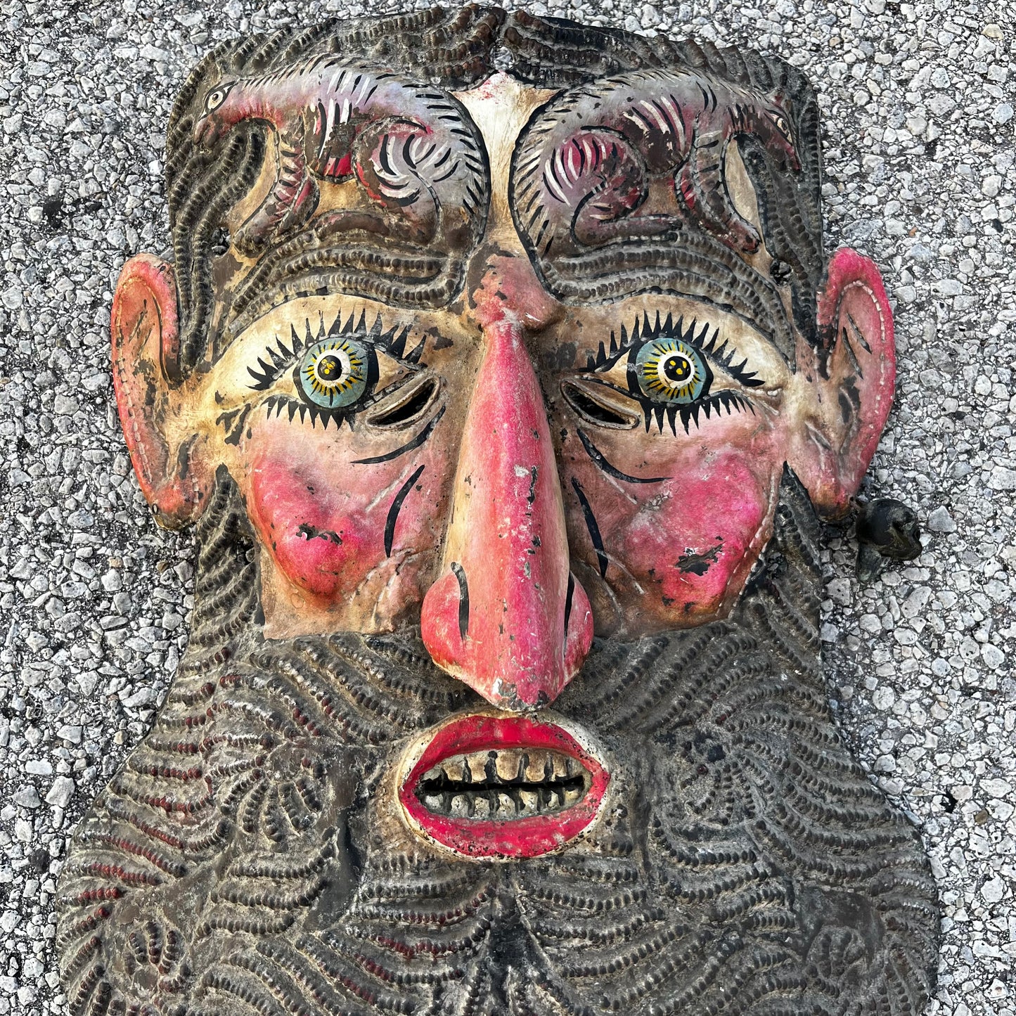 Early 1950s metal ceremonial wolf Barbones (bearded old man) mask.