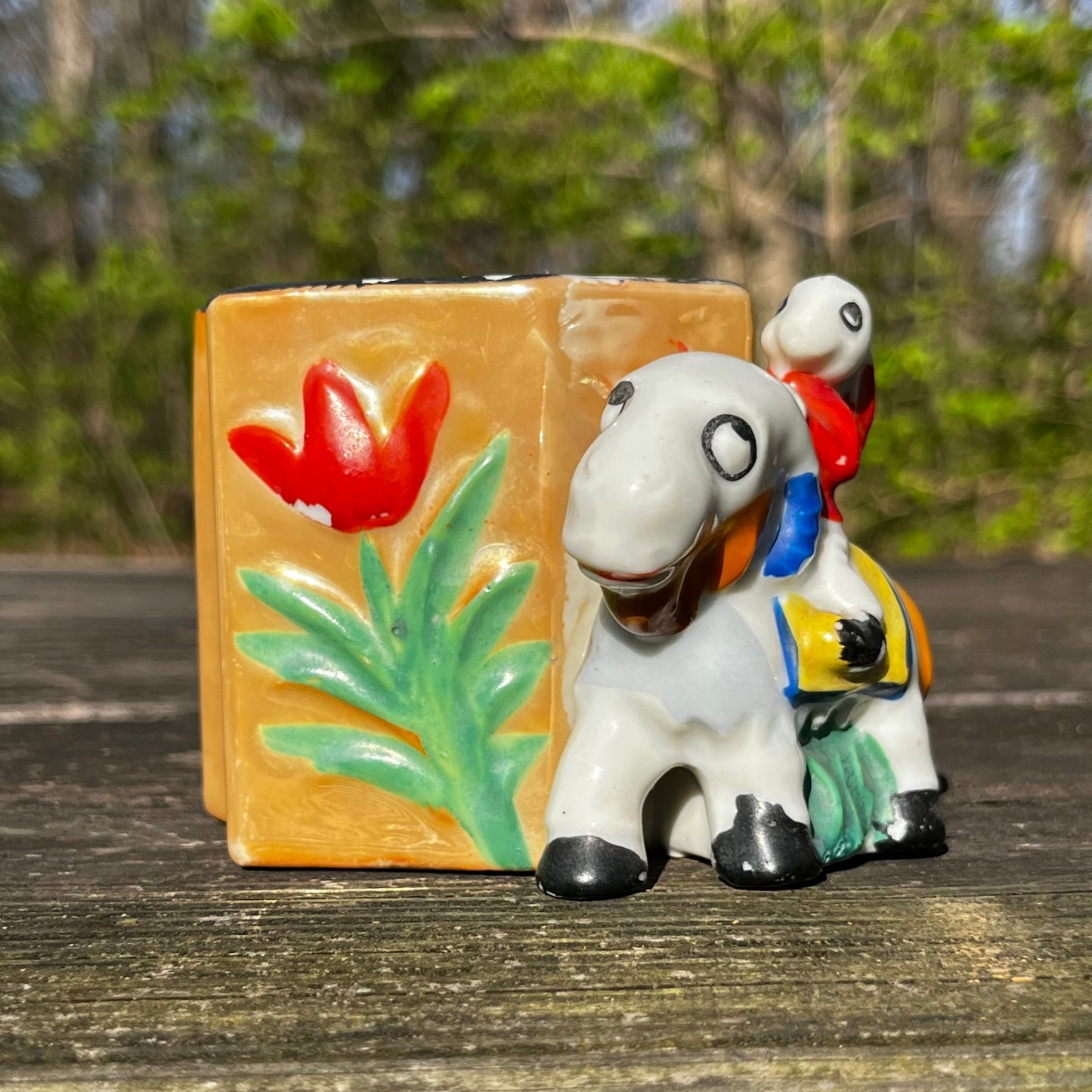 1940s Lusterware ram riding rabbit planter.