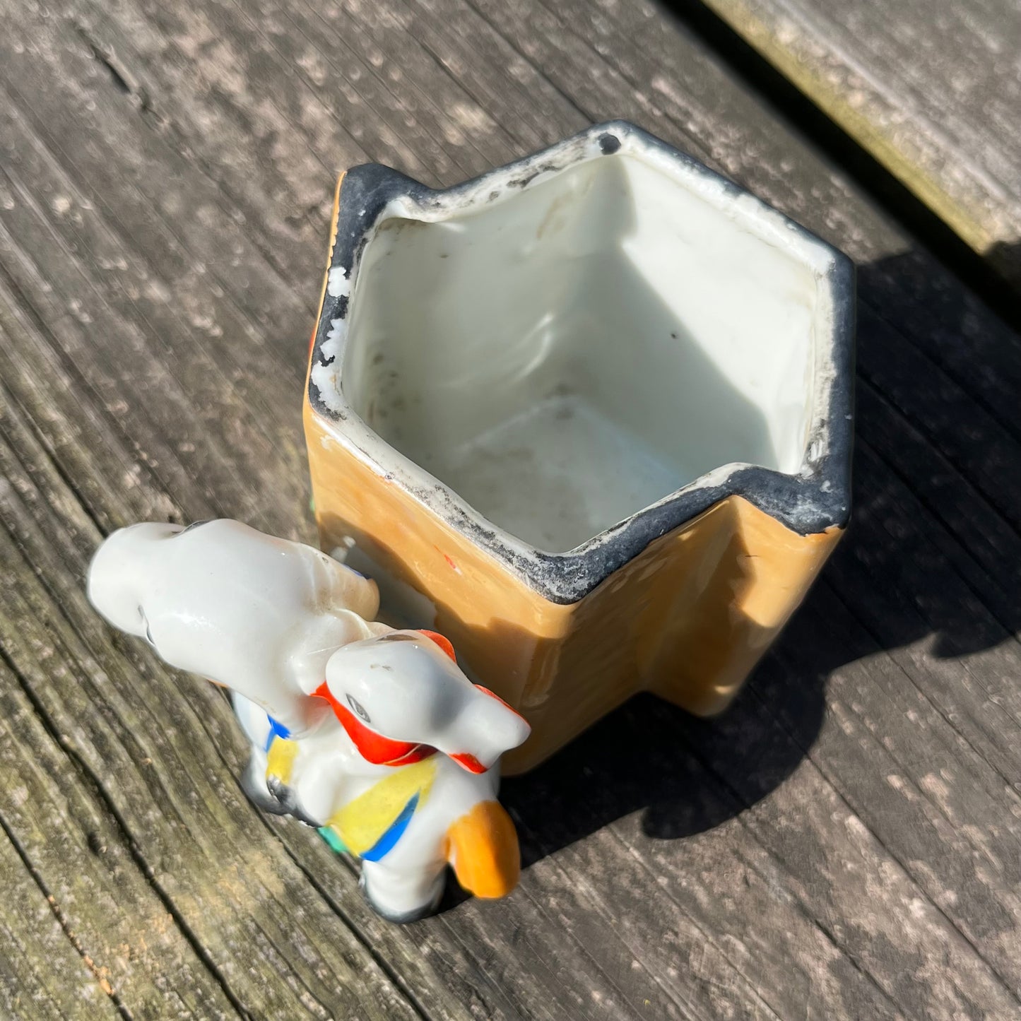 1940s Lusterware ram riding rabbit planter.