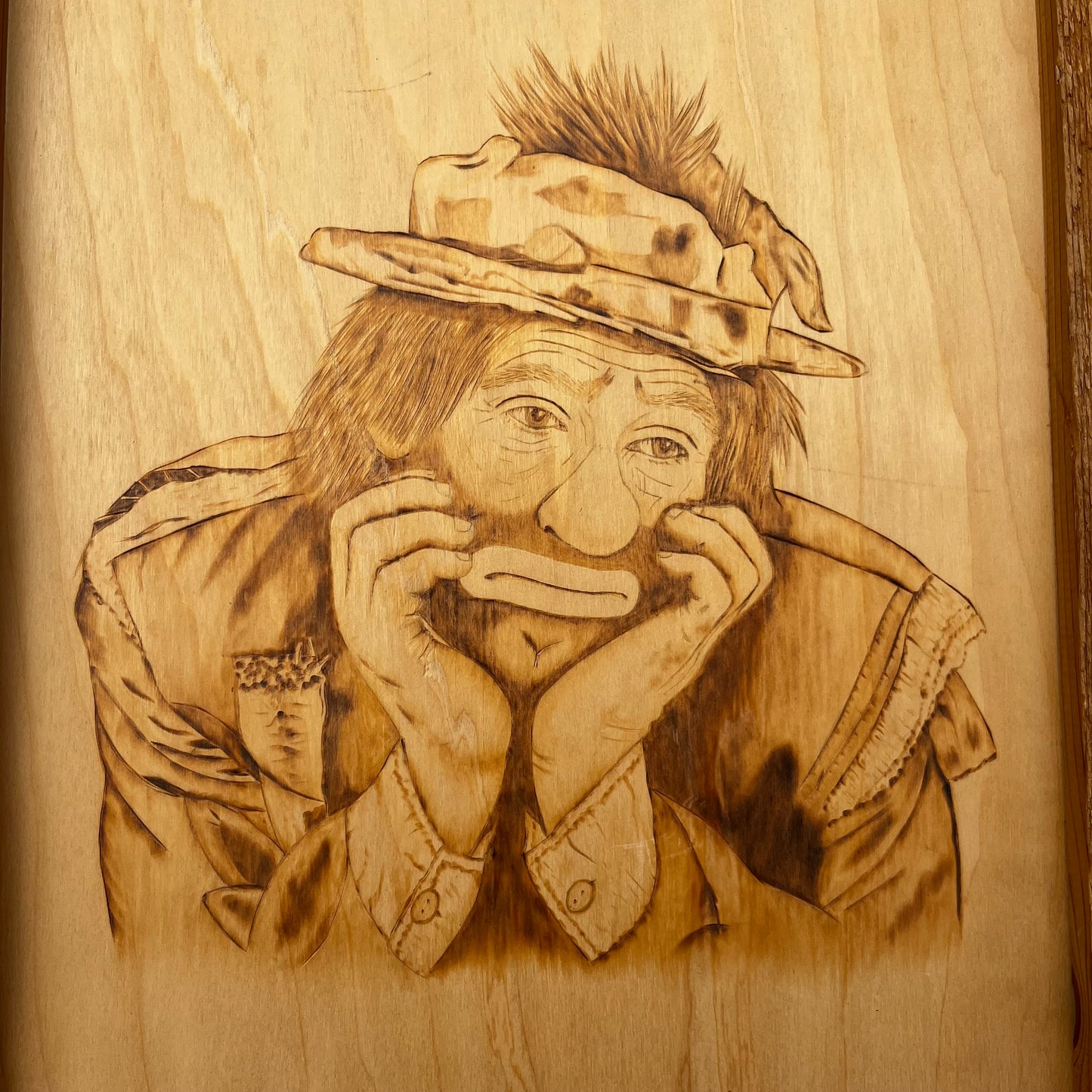 Vintage wood etched Emmet Kelly Jr. Number 02/100.