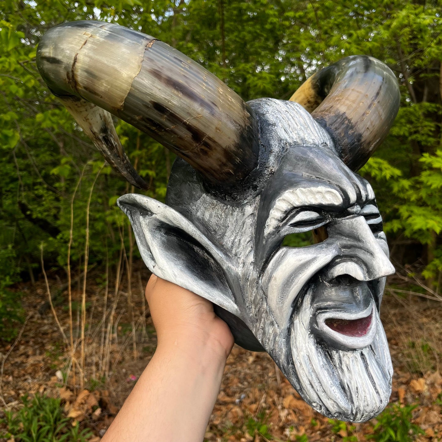 Vintage Hand crafted Krampus mask with real bull horns.