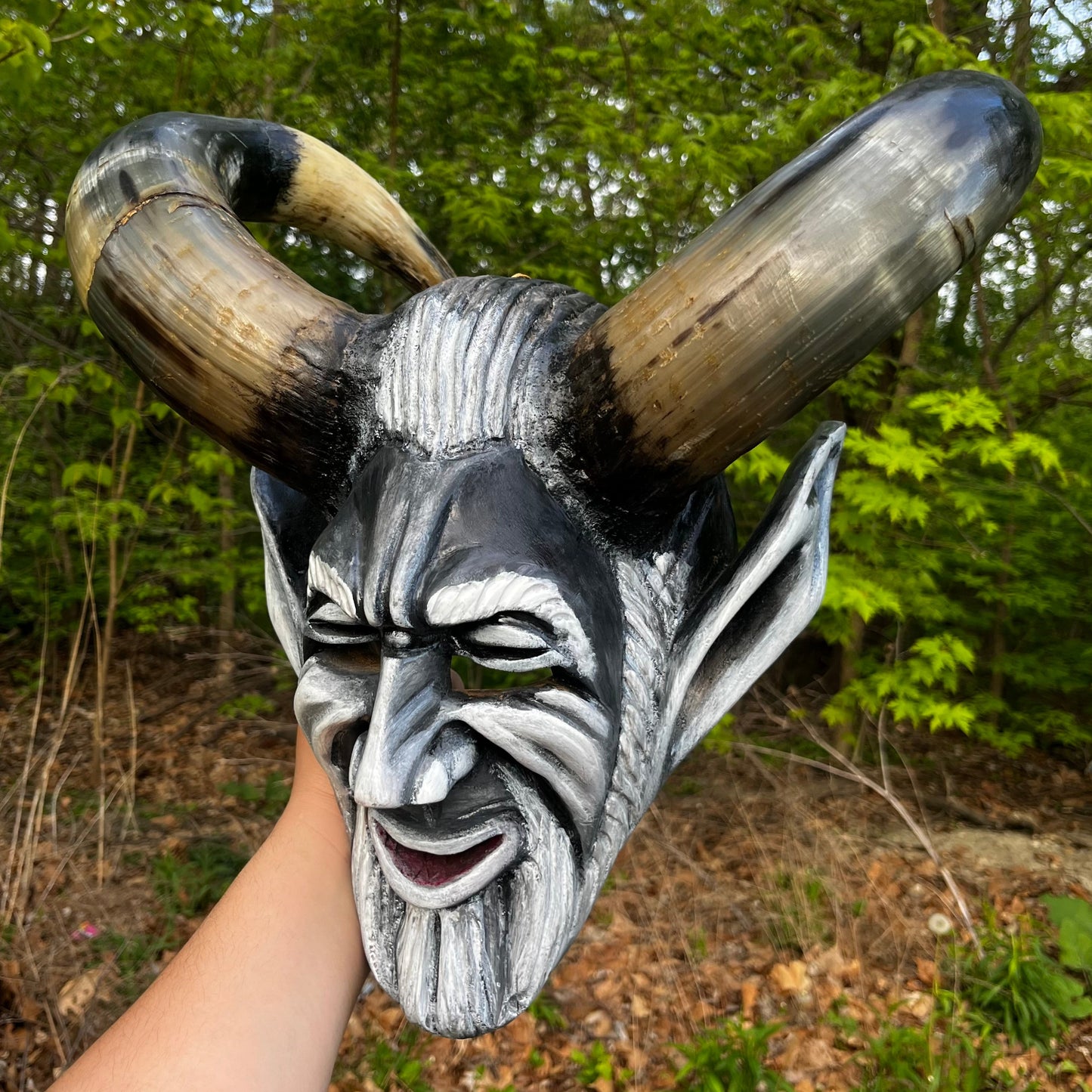 Vintage Hand crafted Krampus mask with real bull horns.