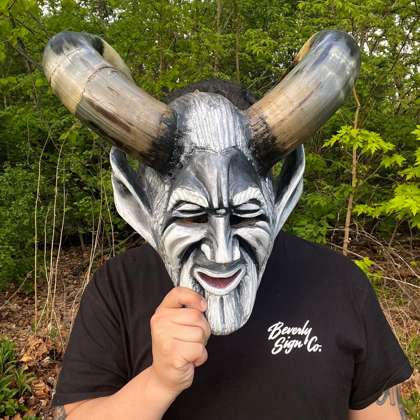 Vintage Hand crafted Krampus mask with real bull horns.