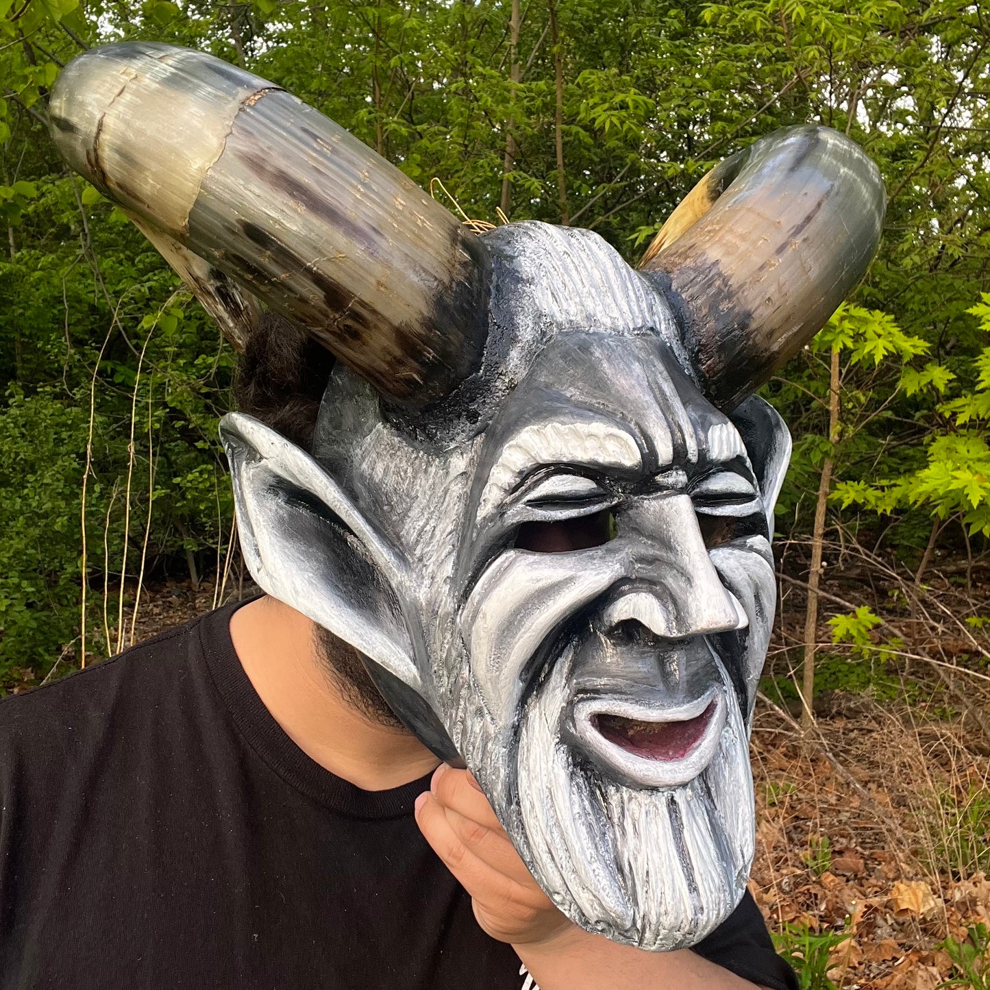 Vintage Hand crafted Krampus mask with real bull horns.