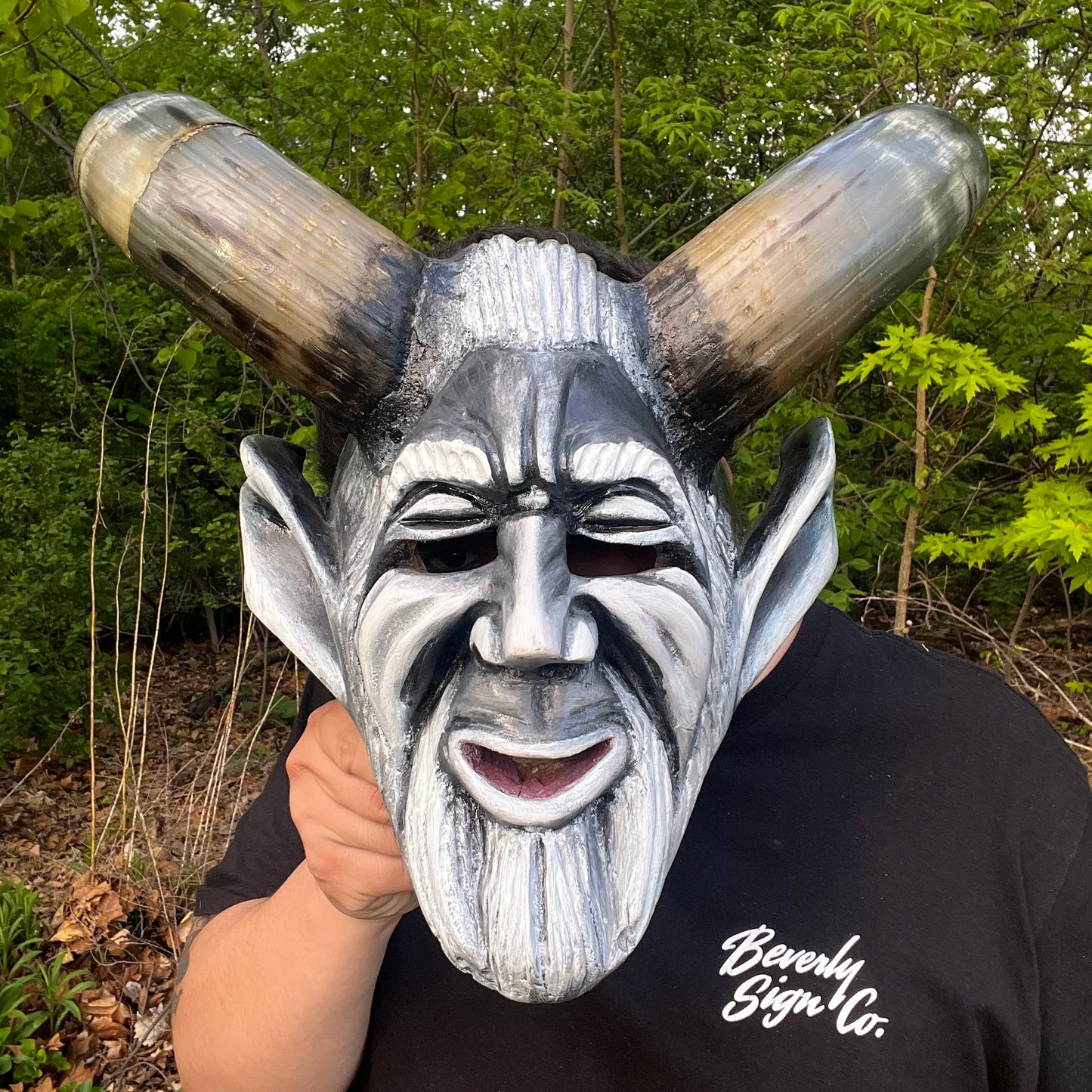 Vintage Hand crafted Krampus mask with real bull horns.