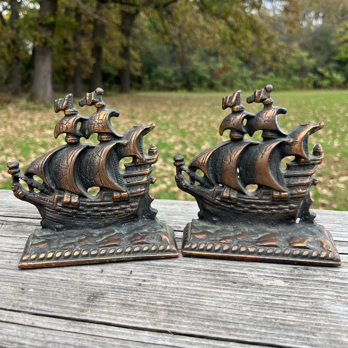 Vintage cast iron ship book ends.