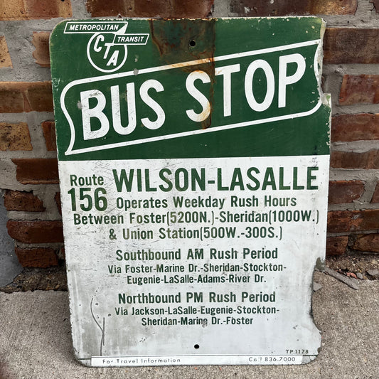 1960s Double sided Chicago Transit Authority (CTA) Bus stop sign. Route 156 between Wilson-Lasalle.