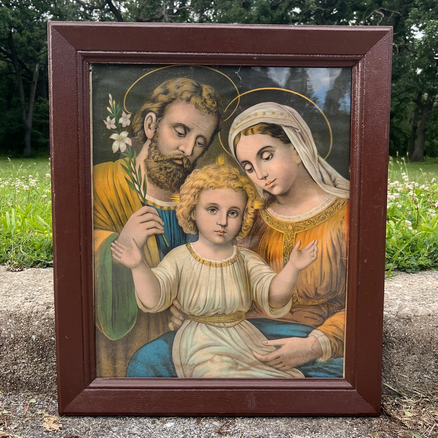1950s “Holy Family” lithograph in original frame. (Some water damage)