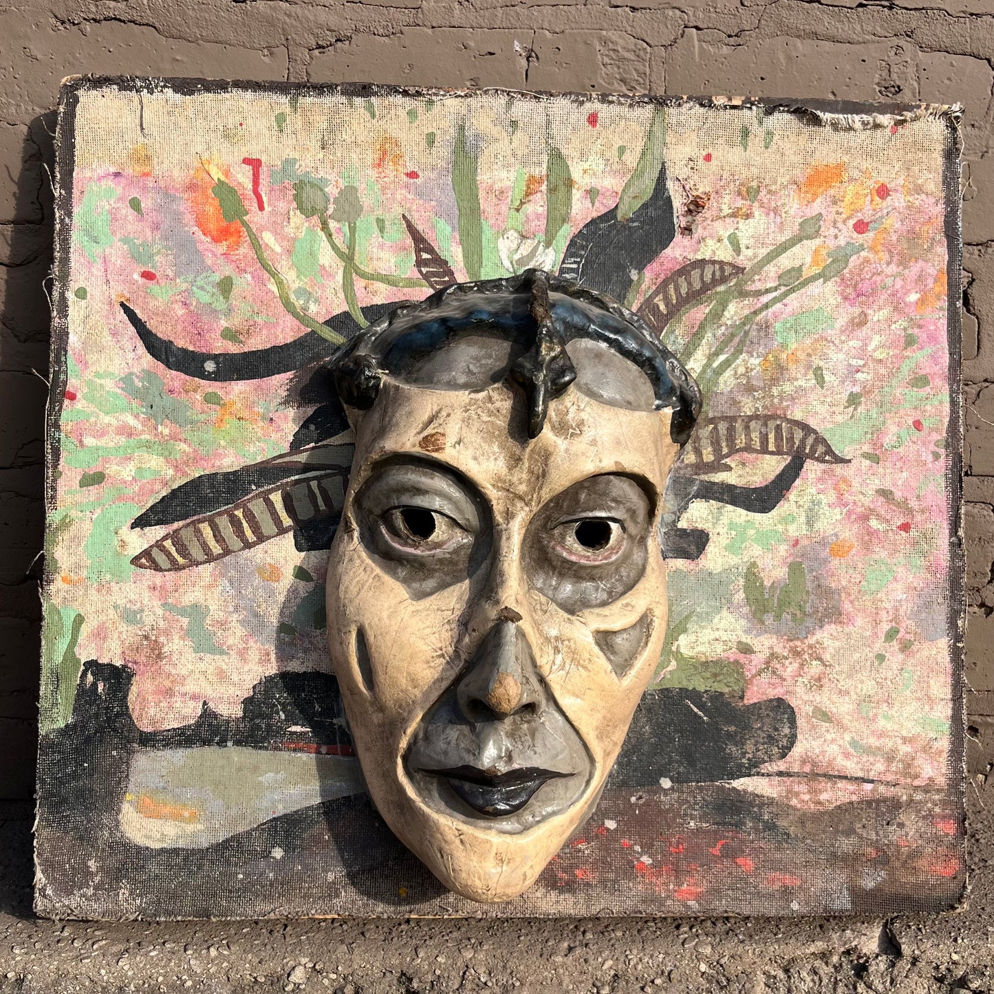 1960s Mixed media Día de los Muertos mask on canvas.
