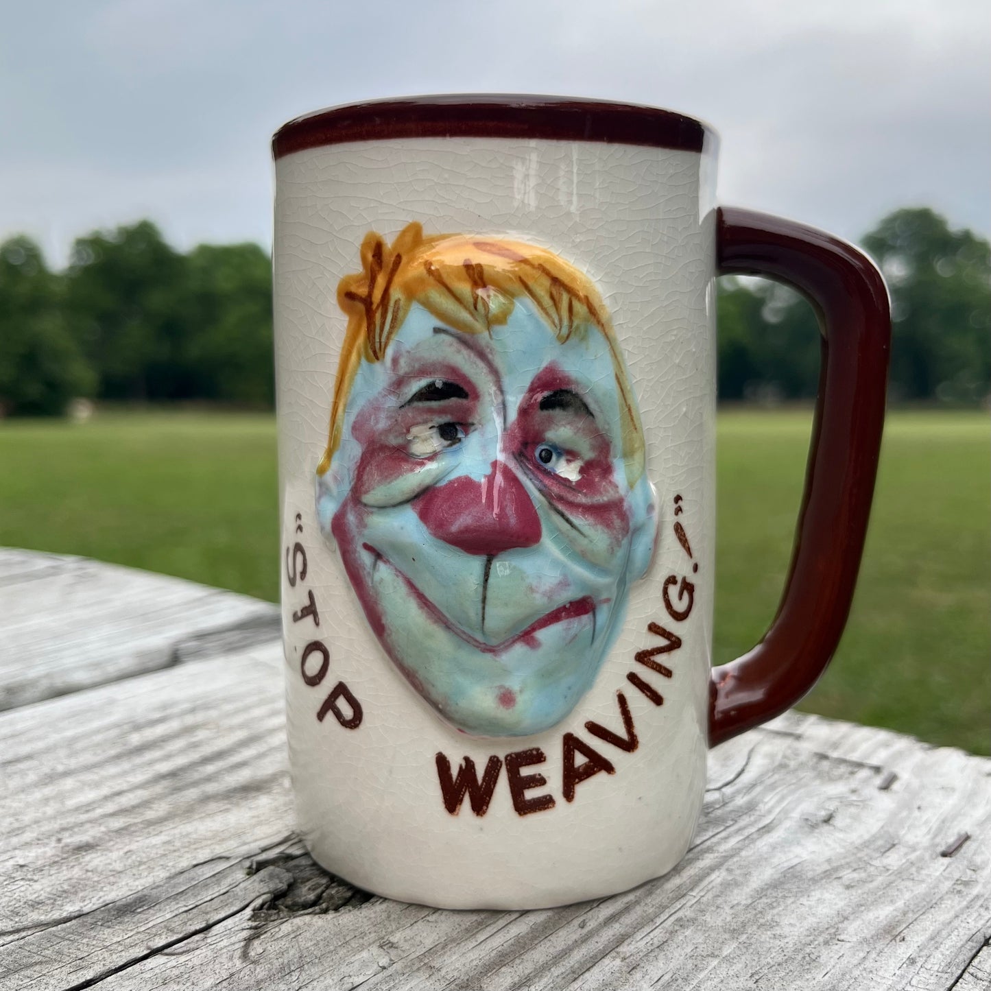 1950s “Stop weaving!” mug.