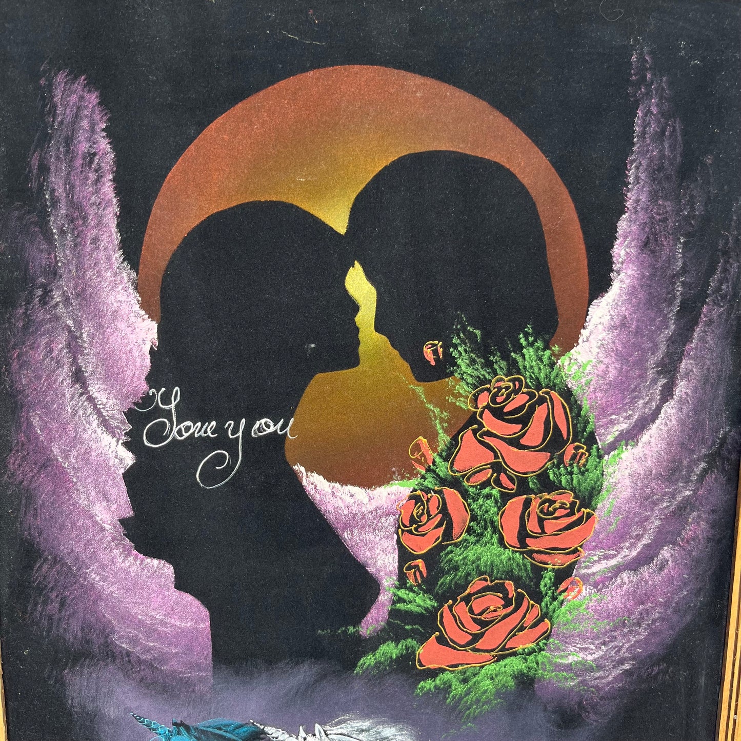 1970s Unicorns/“Love you” on black velvet.