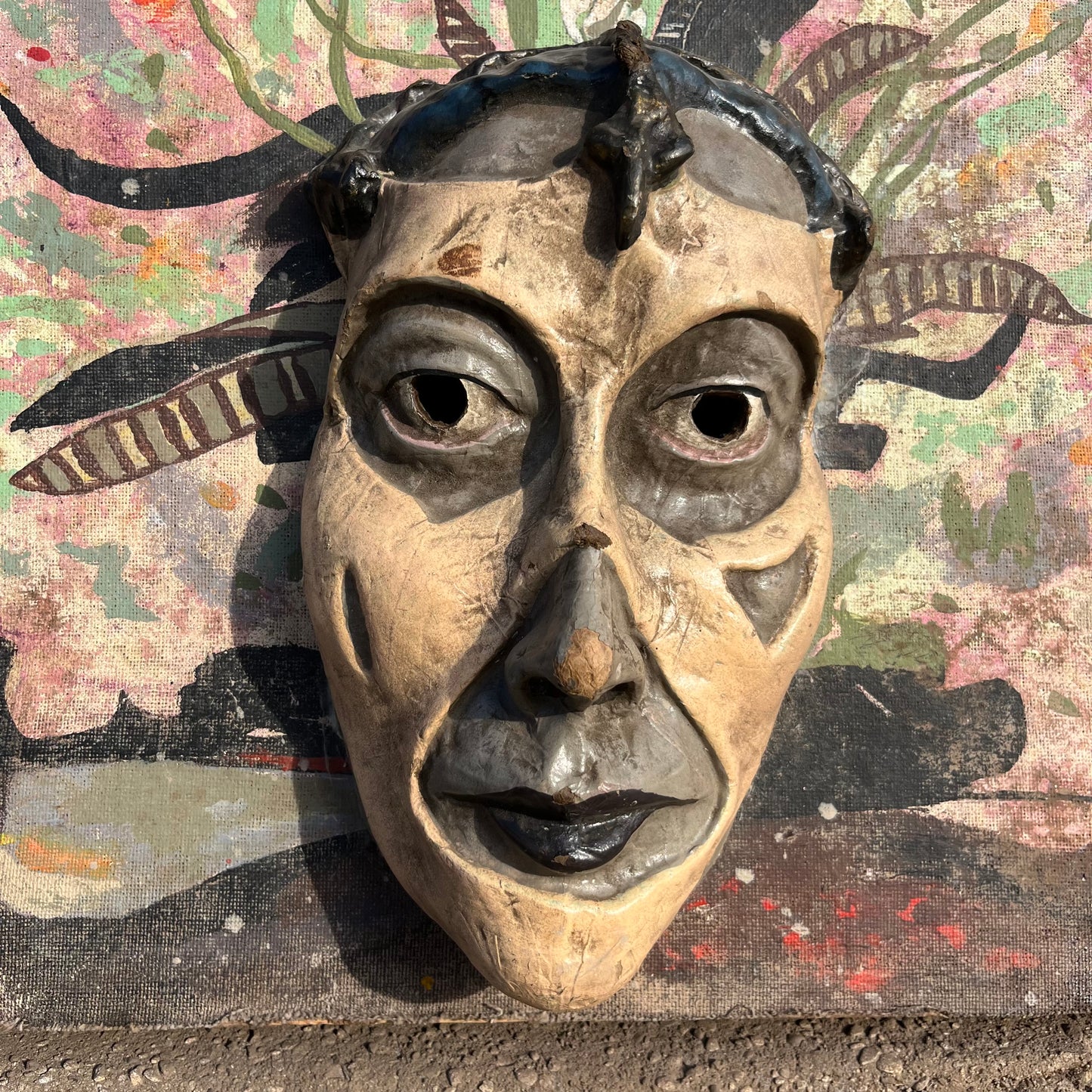 1960s Mixed media Día de los Muertos mask on canvas.