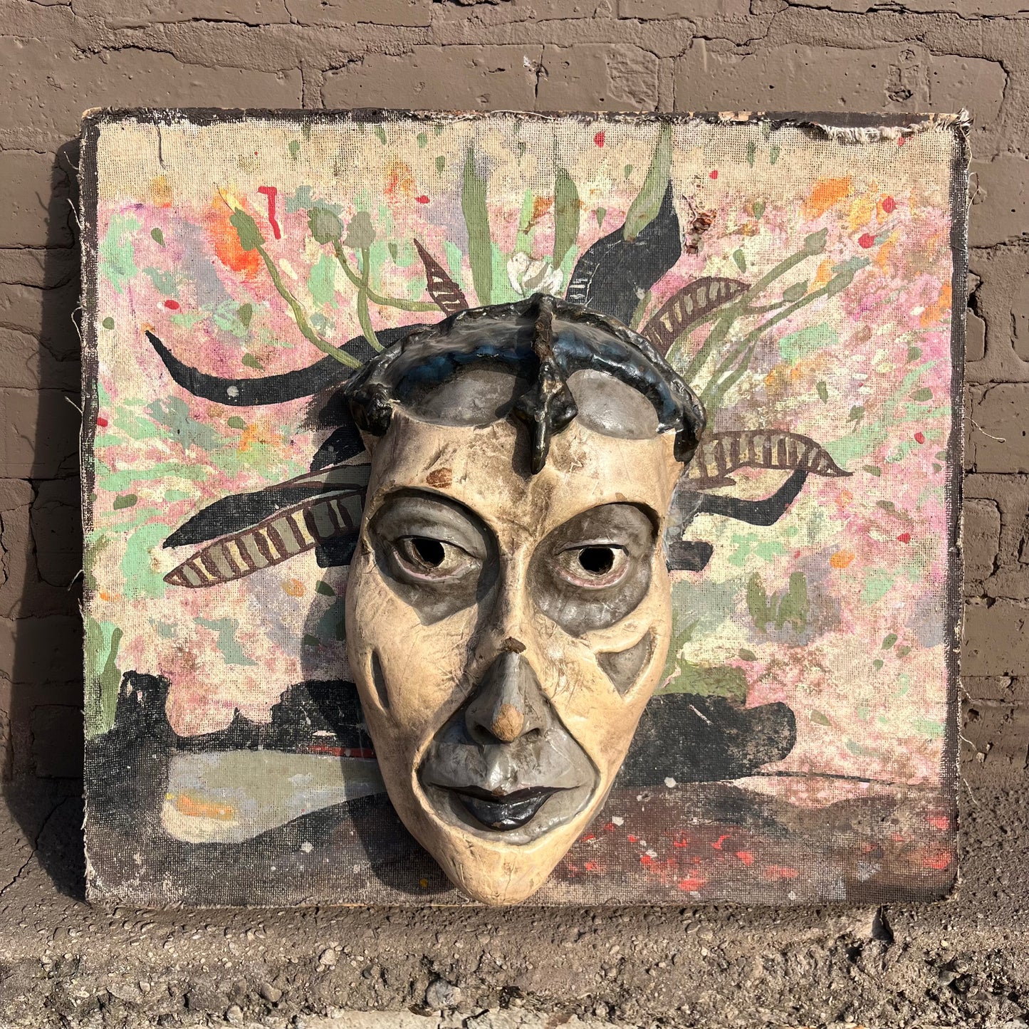 1960s Mixed media Día de los Muertos mask on canvas.