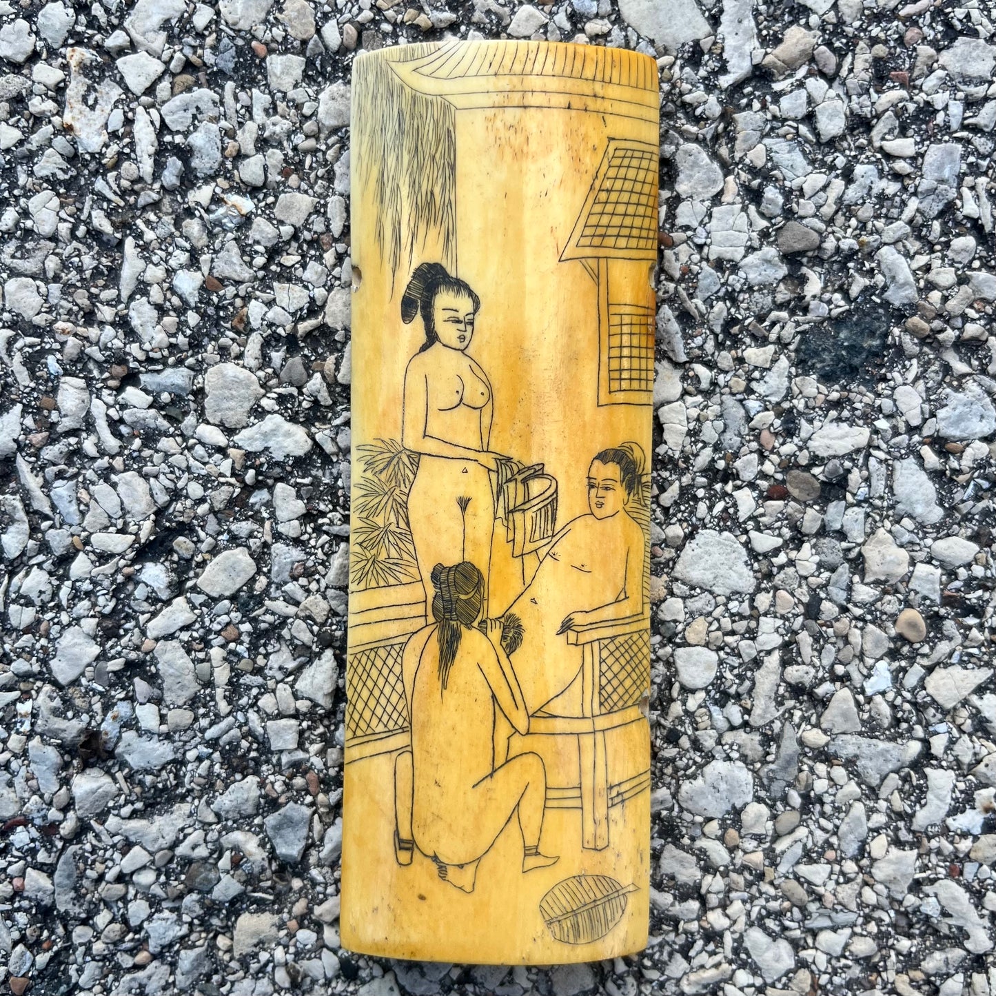 Vintage Chinese erotic scrimshaw on real ox bone.