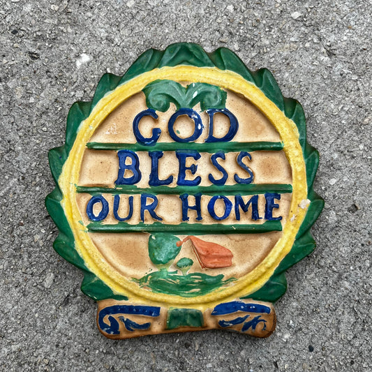 Vintage chalkware “God bless our home” plaque.