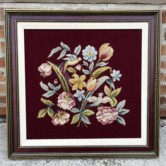 Framed 1970s Birds and flowers needlepoint.
