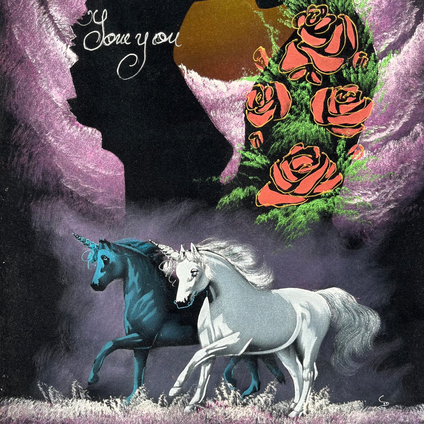 1970s Unicorns/“Love you” on black velvet.