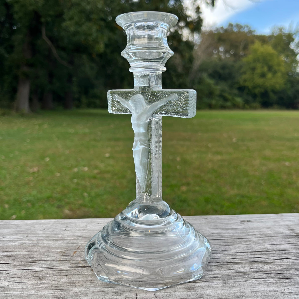 Vintage glass crucifix candle holder.