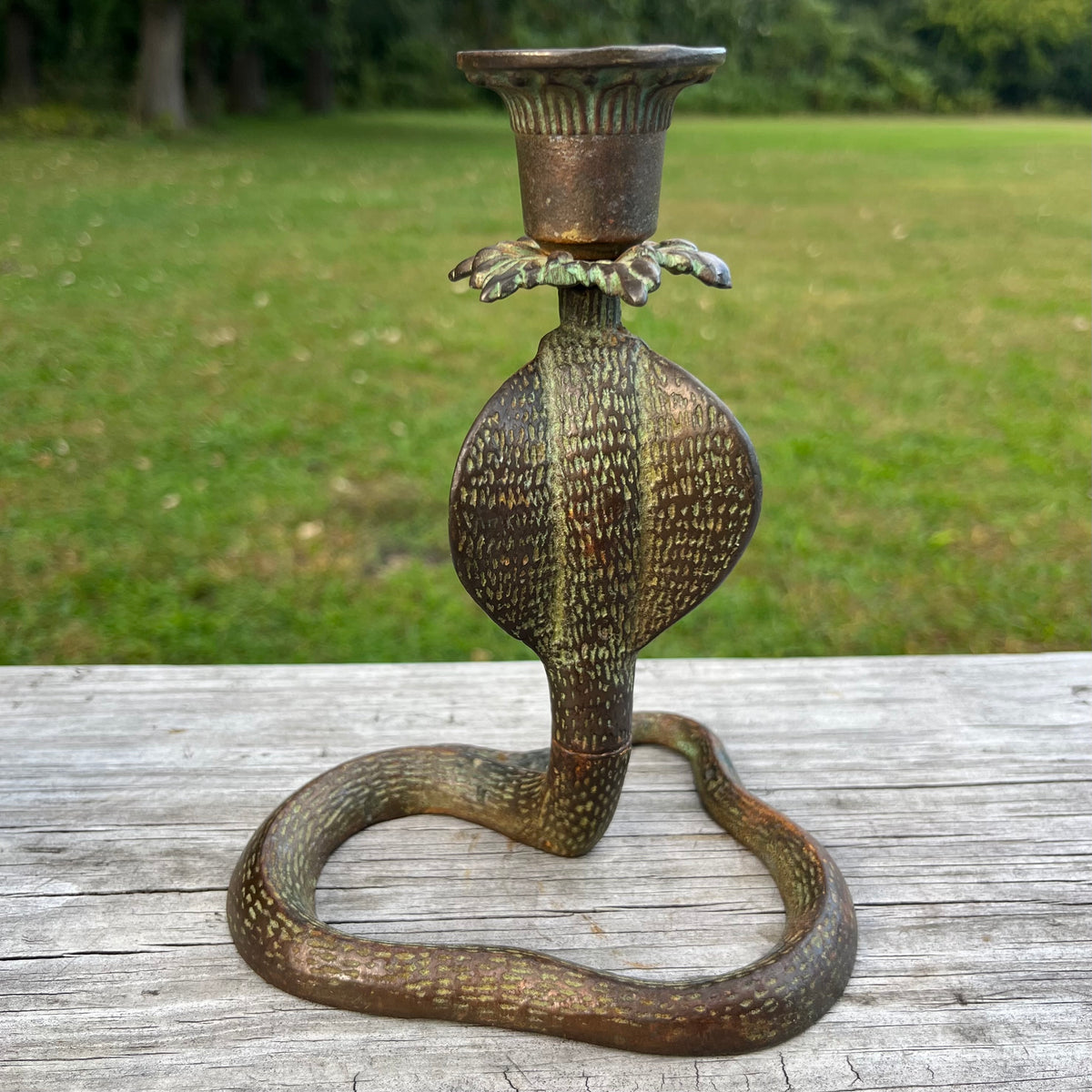 Vintage bronze cobra candle holder.