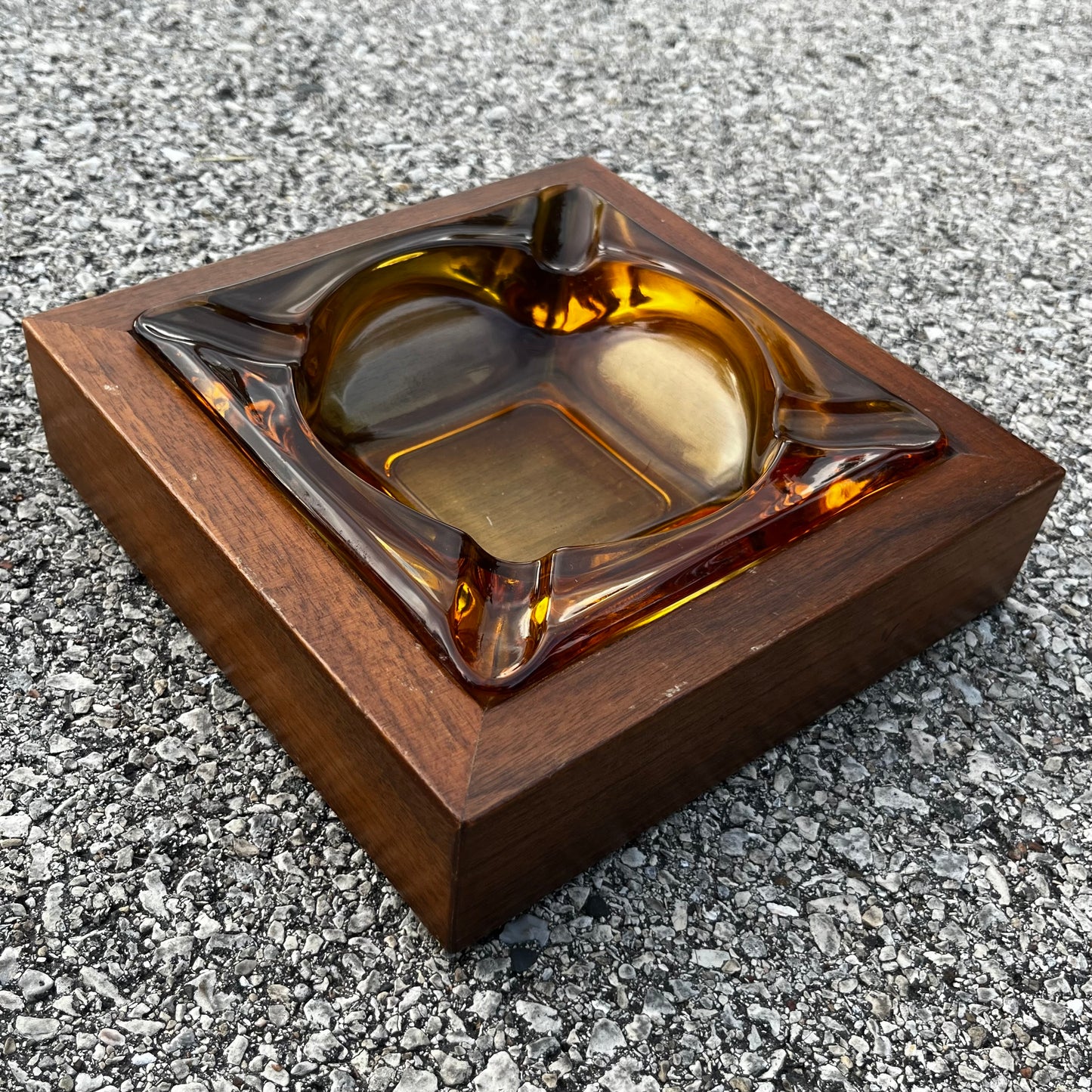 1960s Two piece wood and Amber glass ashtray.