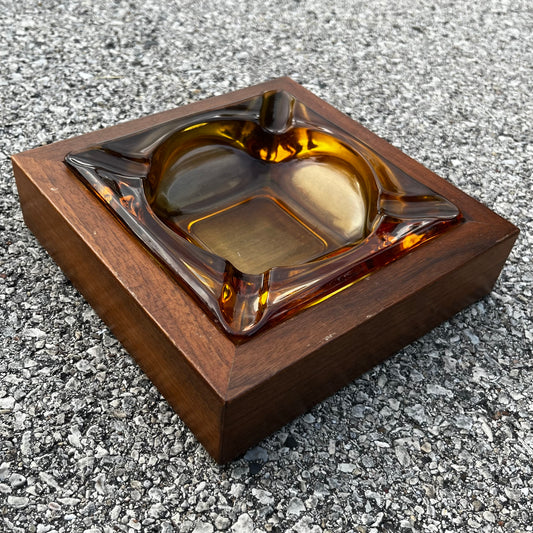 1960s Two piece wood and Amber glass ashtray.